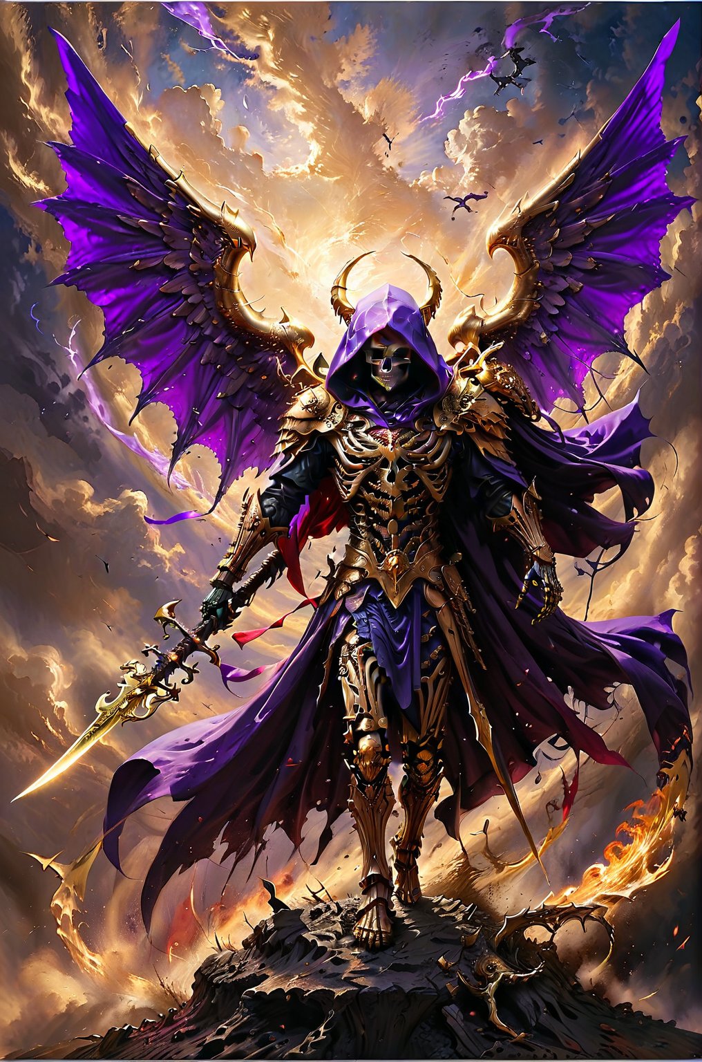 a golden angel slashes a reaper skeleton that is wearing a purple cape, theres a balance of justice behind him, the sky has red and purple colors, panoramic view, extremely high-resolution details, photographic, realism pushed to extreme, fine texture, incredibly lifelike perfect shadows, atmospheric lighting, volumetric lighting, sharp focus, focus on eyes, masterpiece, professional, award-winning, exquisite detailed, highly detailed, UHD, 64k,