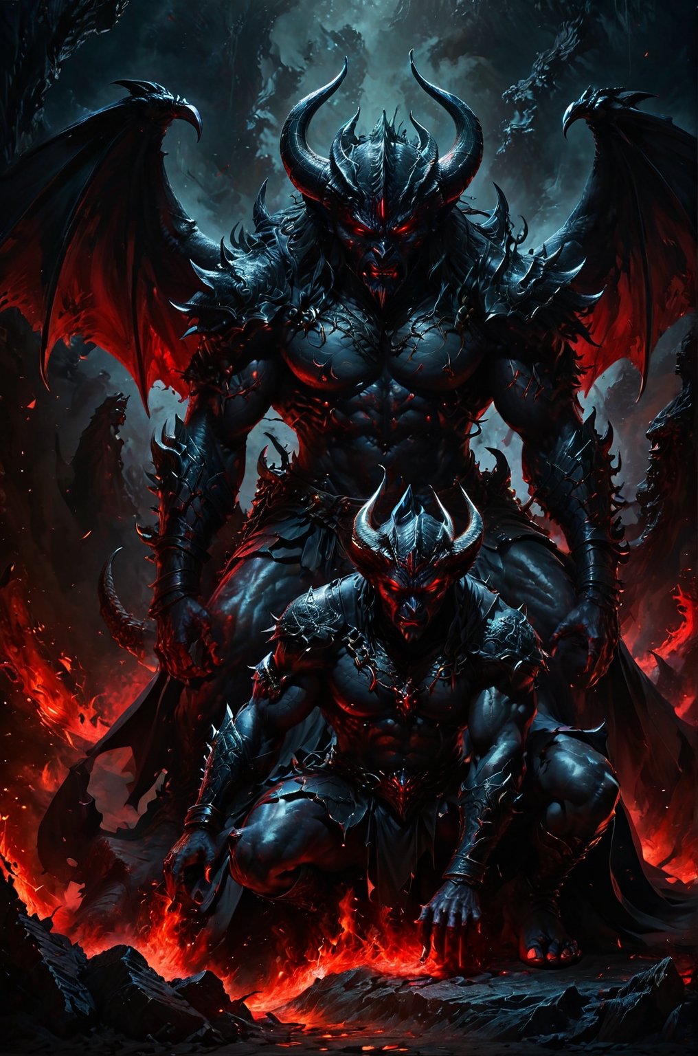  a dark black trhone with a ancient demon siting on, a man is downed by his knees in front of the demon surrended, black color and obscure backround, panoramic view, extremely high-resolution details, photographic, realism pushed to extreme, fine texture, incredibly lifelike perfect shadows, atmospheric lighting, volumetric lighting, sharp focus, focus on eyes, masterpiece, professional, award-winning, exquisite detailed, highly detailed, UHD, 64k,

