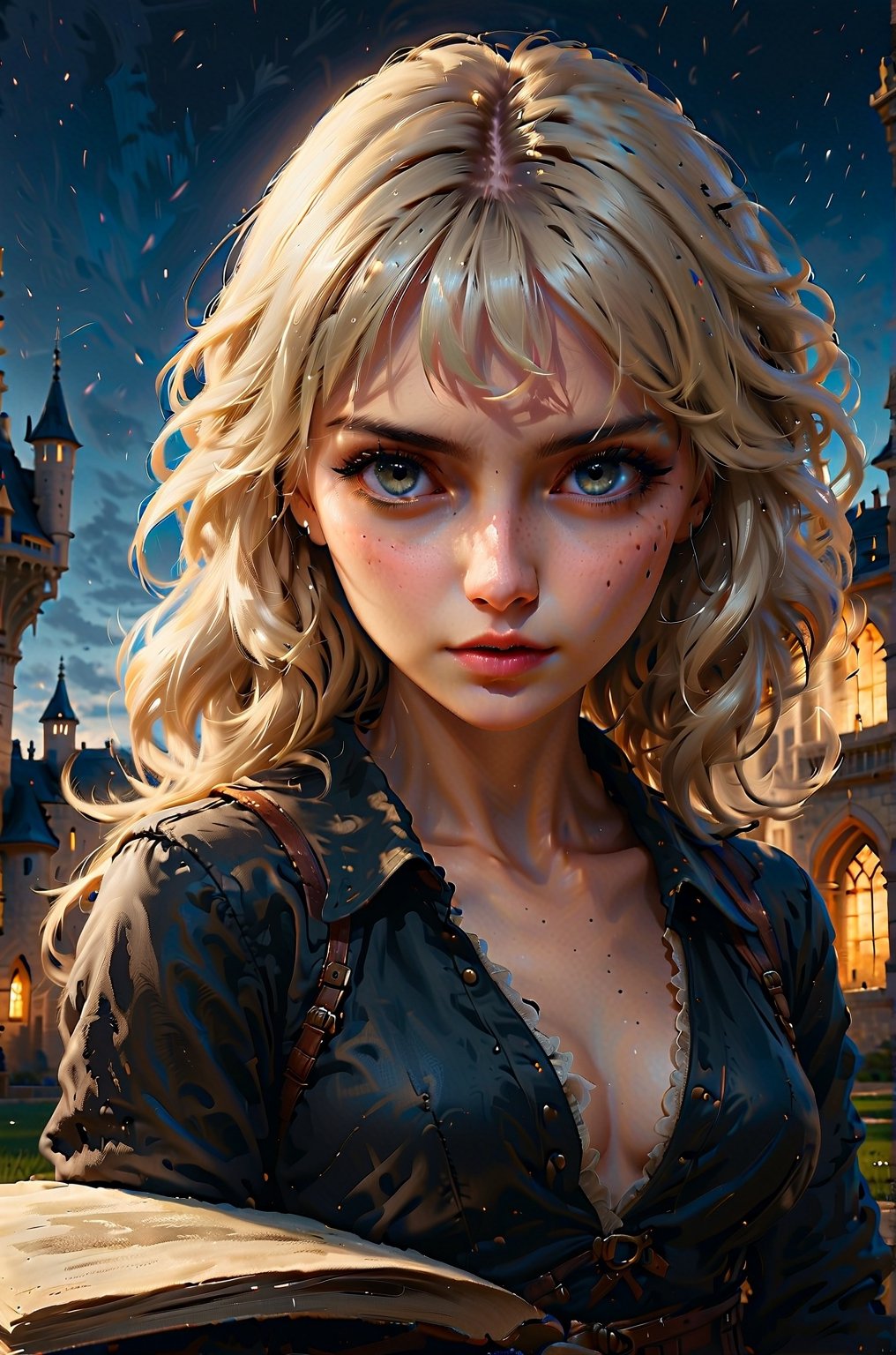 a white skin blonde hair woman thinking with a book in front a castle, ex-resolution details, photographic, realism pushed to extreme, fine texture, incredibly lifelike perfect shadows, atmospheric lighting, volumetric lighting, sharp focus, focus on eyes, masterpiece, professional, award-winning, exquisite detailed, highly detailed, UHD, 64k,

