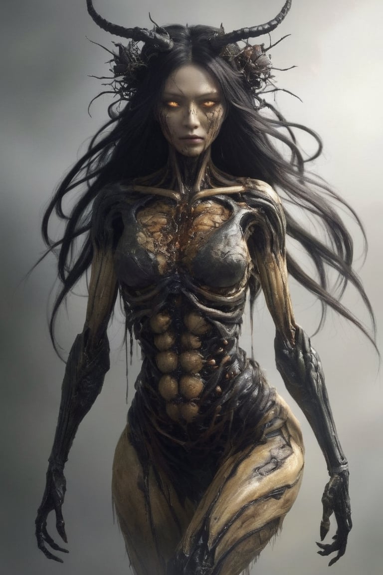 The woman japanese bee queen long hair A massive creature with rotting flesh and scultural human body that hangs in tatters from its bones, its eyes are black sockets that emit a faint, eerie glow.
,1 girl , full body