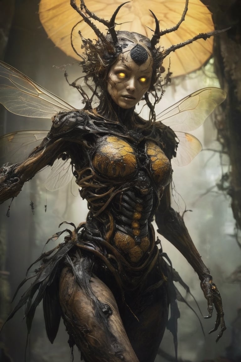 The woman japanese bee queen A massive creature with rotting flesh and scultural human body that hangs in tatters from its bones, its eyes are black sockets that emit a faint, eerie glow.
,1 girl , full body