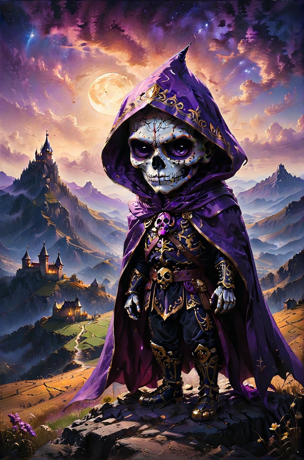 a skull wearing purple cape stand up in a top of a mountain looking for a distant dark black color and obscure castle in the field, a small villlage with a central square stand in front of the castle, the sky has purple and golden colors, extremely high-resolution details, photographic, realism pushed to extreme, fine texture, incredibly lifelike perfect shadows, atmospheric lighting, volumetric lighting, sharp focus, focus on eyes, masterpiece, professional, award-winning, exquisite detailed, highly detailed, UHD, 64k, 
panoramic distant view
