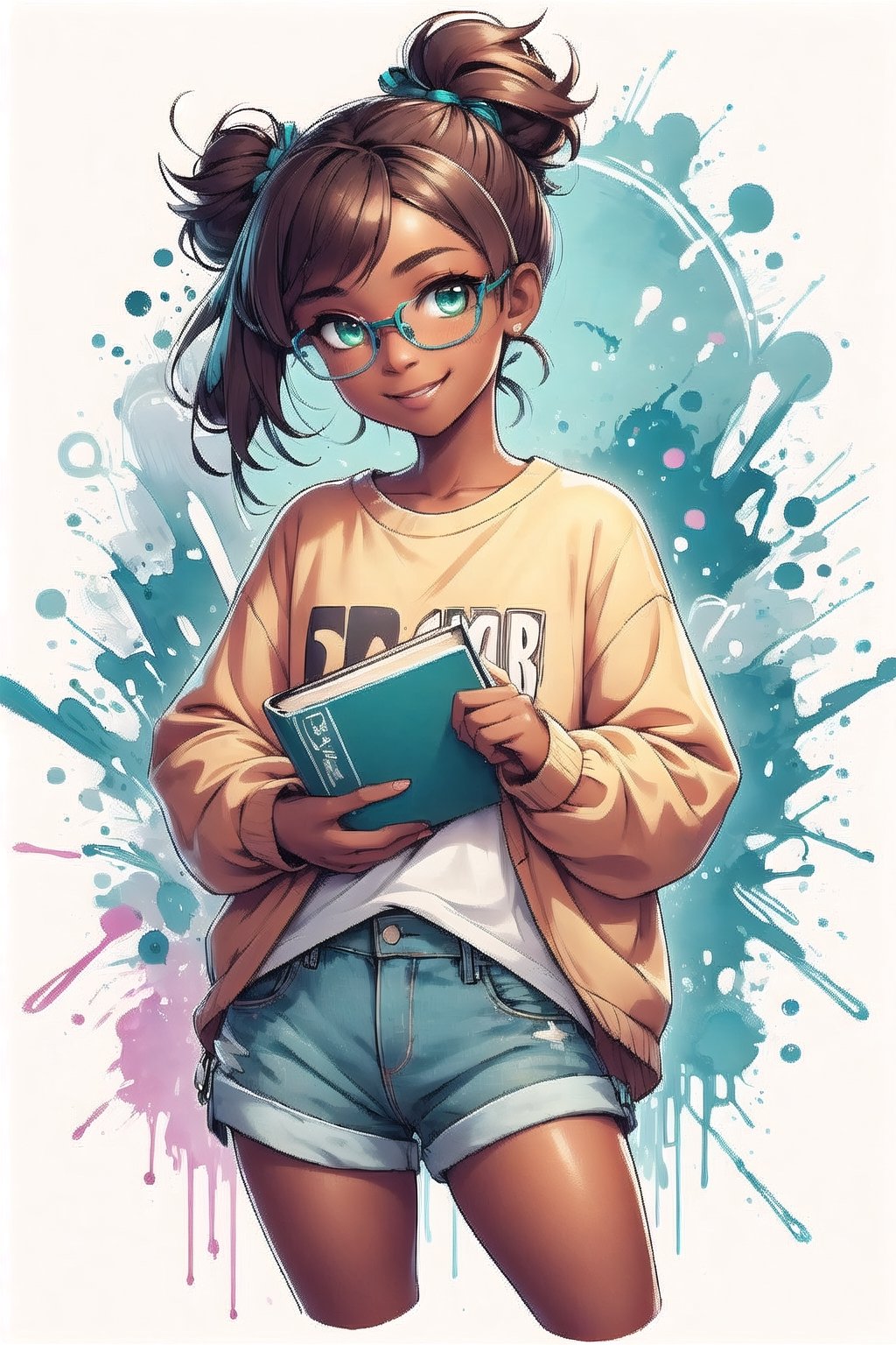 black girl,smile,book,big green eyes,graffiti spray paint art,Grt2c,Chromaspots,BrgEy

chunly hair style, only brown hair color, she wears prescription glasses. Dressed in a full yellow long-sleeved shirt and light blue denim shorts