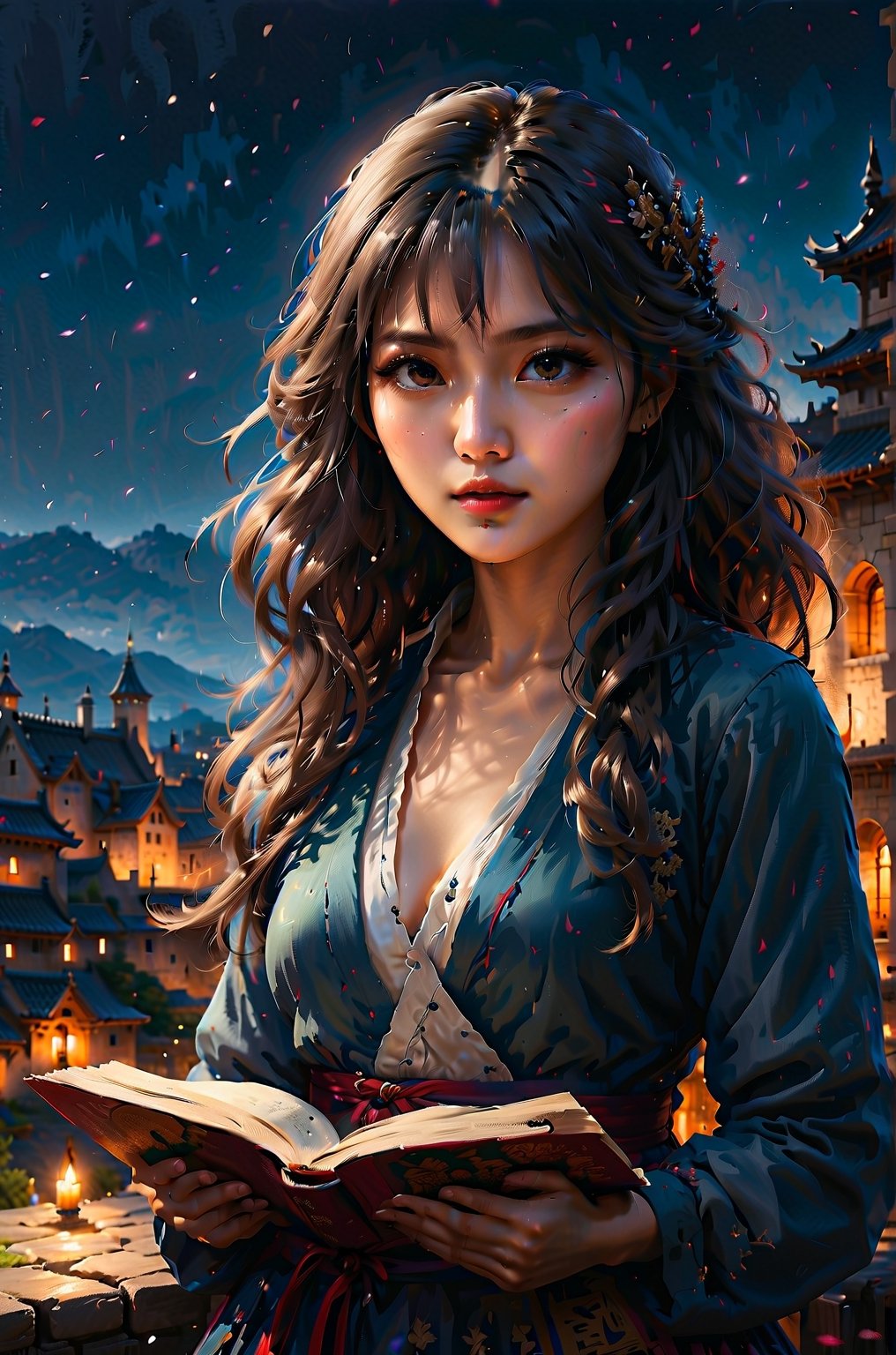 a white skin korean long hair woman thinking with a book in front a castle, ex-resolution details, photographic, realism pushed to extreme, fine texture, incredibly lifelike perfect shadows, atmospheric lighting, volumetric lighting, sharp focus, focus on eyes, masterpiece, professional, award-winning, exquisite detailed, highly detailed, UHD, 64k,

