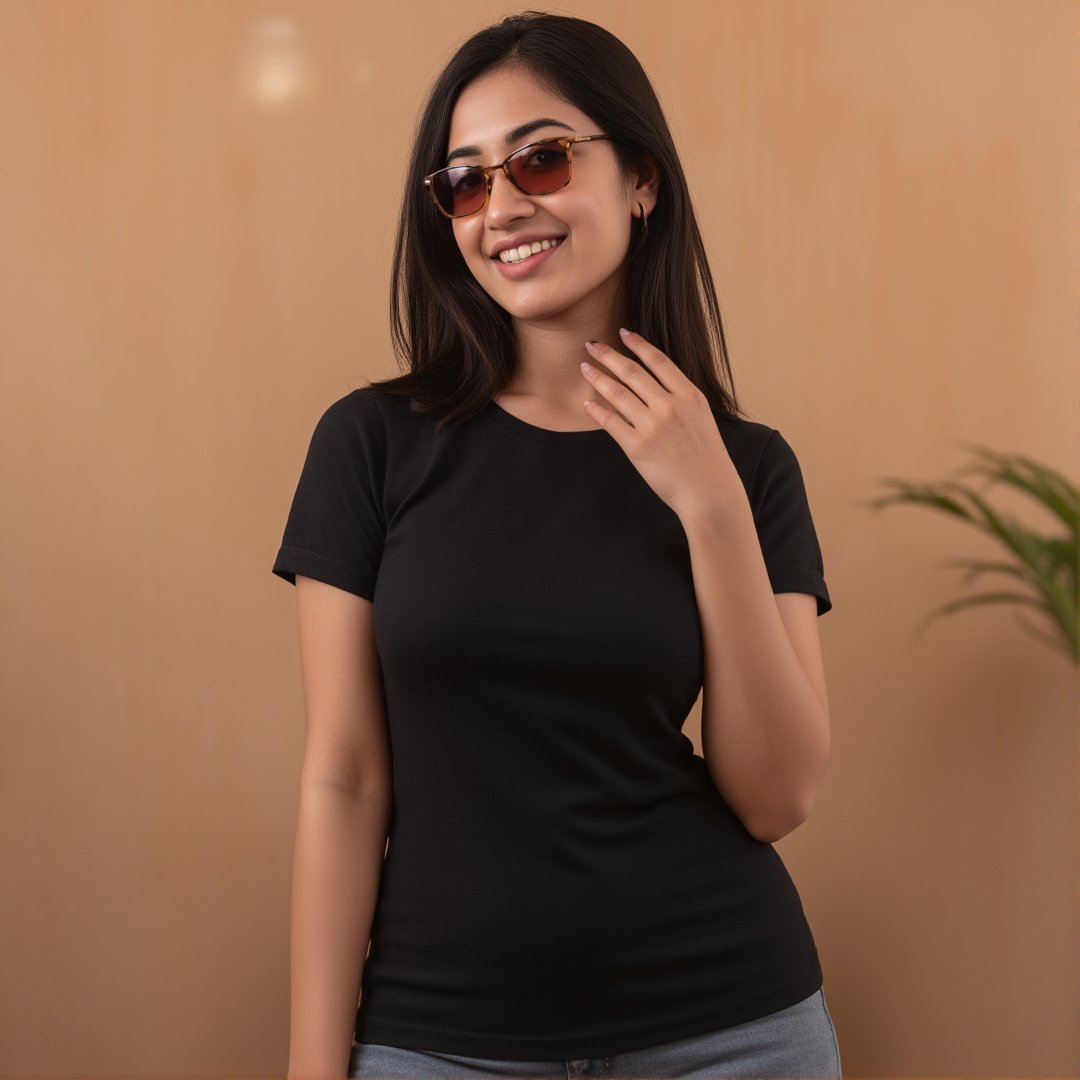 1 Bangladeshi sexy female, solo, indian_attire, wearing a plain Black round neck Pure Cotton T-shirt, detailed t-shirt fabric. without text, without design in t-shirt, sunglass, hair, colour hair, posing like Instagram model, front facing body, studio bokeh background, best quality, masterpiece, beautiful and aesthetic, 16K, high contrast, (vibrant color), (muted colors, dim colors, soothing tones:0), cinematic lighting, elegant atmosphere, evoking beauty and cultural richness. shot on Kodak Gold 400 film, softer lens filter, cleavage, p3rfect boobs,cutegirlmix,underboob, grey colour leggings, actress, sexy,