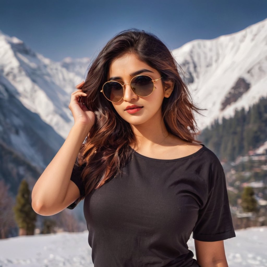 1 Indian 25 year beautiful girl, solo, indian_attire, wearing a plain black Round Neck Pure Cotton oversized T-shirt, detailed t-shirt fabric, sunglass, hair, colour hair, DSLR photography, posing like an Instagram model, front facing body, natural snow mountain bokeh background, softer lens filter, (RAW photo, best quality), (realistic, photo-Realistic:1.3), best quality, masterpiece, beautiful and aesthetic, 16K, (HDR:1.4), high contrast, (vibrant color:1.4), (muted colours, dim colours, soothing tones:0), cinematic lighting, full of love and romantic atmosphere, full standing body, cleavage, p3rfect boobs,cutegirlmix,underboob,