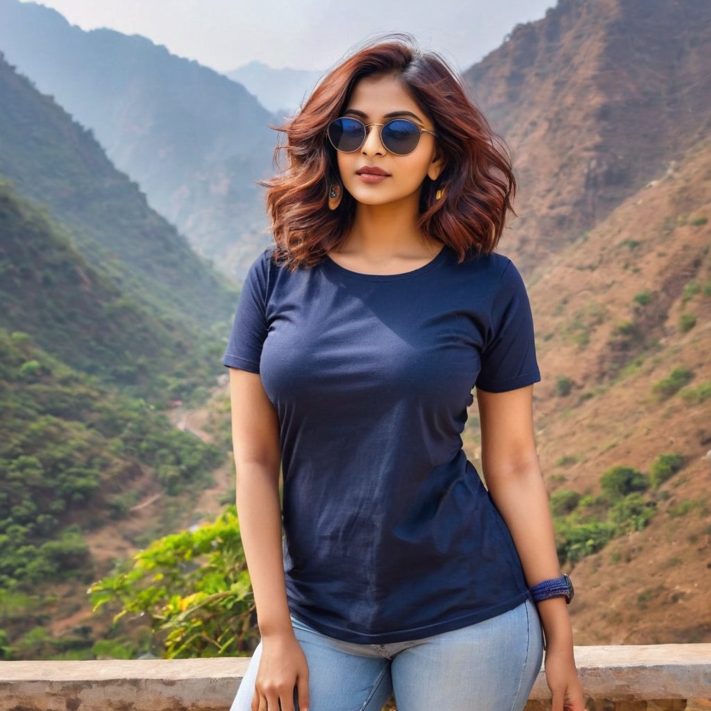 1 indian sexy female, solo, indian_attire, wearing a plain navy blue Round Neck Pure Cotton oversized T-shirt, detailed t-shirt fabric, sunglass, hair, colour hair, dslr photography, posing like Instagram model, natural  mountain background, full standing body, cleavage, p3rfect boobs,