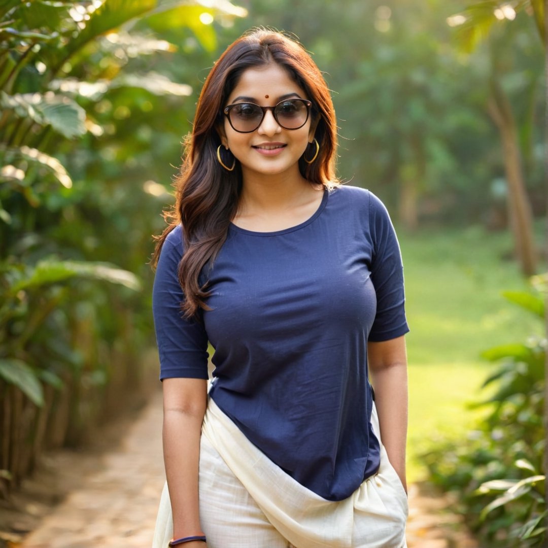 1 bengali beautiful female, solo, indian_attire, wearing a plain navy blue Round Neck Pure Cotton Oversized Normal T-shirt, detailed half sleeves t-shirt fabric, sunglass, hair, colour hair, dslr photography, front facing body, full standing body, natural bokeh background, softer lens filter, full of love and romantic atmosphere, p3rfect boobs, cutegirlmix,