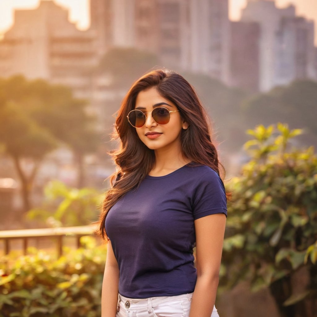 1 indian 25 year beautifull girl, solo, indian_attire, wearing a plain navy blue Round Neck Pure Cotton oversized T-shirt, detailed t-shirt fabric, sunglass, hair, colour hair, dslr photography, posing like Instagram model, front facing body, kolkata bokeh background, softer lens filter, soft and warm light, full of love and romantic atmosphere, full standing body, cleavage, p3rfect boobs,cutegirlmix,underboob,