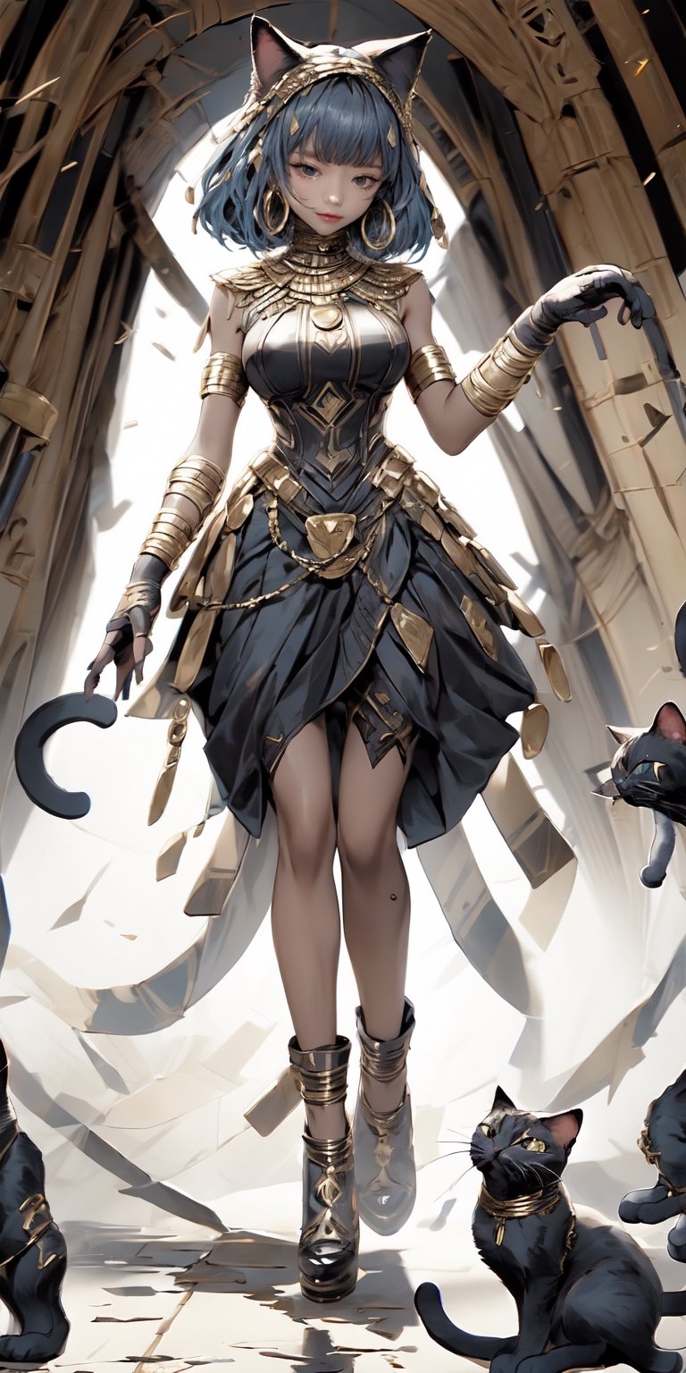 1girl, looking at viewer, short hair, blue eyes, gloves, dress, holding, blue hair, standing, full body, weapon, boots, solo focus, black gloves, black footwear, holding weapon, armor, blurry, gun, military, holding gun, rifle, assault rifle,CAT WITCH,egypt