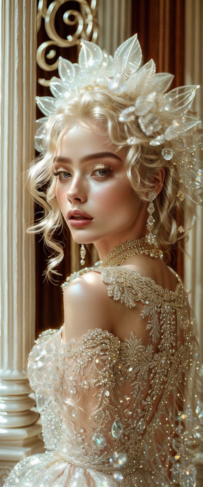 A stunning 20-year-old beauty, adorned with luxurious jewelry featuring precious stones, sits majestically on a ornate balcony, surrounded by warmth and radiance. Her short, wavy platinum blonde hair frames her healthy porcelain complexion, as she wears an exquisite off-shoulder airy gown made of delicate lace and sparkling gemstones that refract the warm light. The intricate patterns embroidered on the dress shimmer like moonlight, casting a mesmerizing glow. Softly lit, the atmosphere amplifies the magnificence of this regal vision, where modern royalty or nobility is redefined.