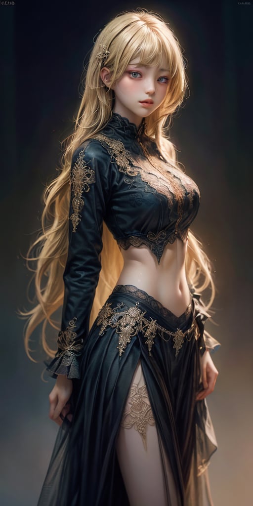 (Masterpiece, Best Quality, Photorealistic, High Resolution, 8K Raw), Smile, Looking At Viewer, Upper Body, Light, 1 Girl, Solo, Beautiful Young Girl, 18 Years Old, Long Hair, (Blonde Hair, Bangs:1.3), Big Breasts, red lips, long eyelashes, glitter, thin waist, slim figure, super sharp and detailed eyes, elegant sexy, alluring, blurred light background, mesmerizing and visually stunning fractal artwork created by famous artists showcasing extremely intricate details, dreamy and vibrant colors. the quality of formal art has a strong aesthetic appeal. HD rendering, beautiful legs, hot body, crop shirt underboob 