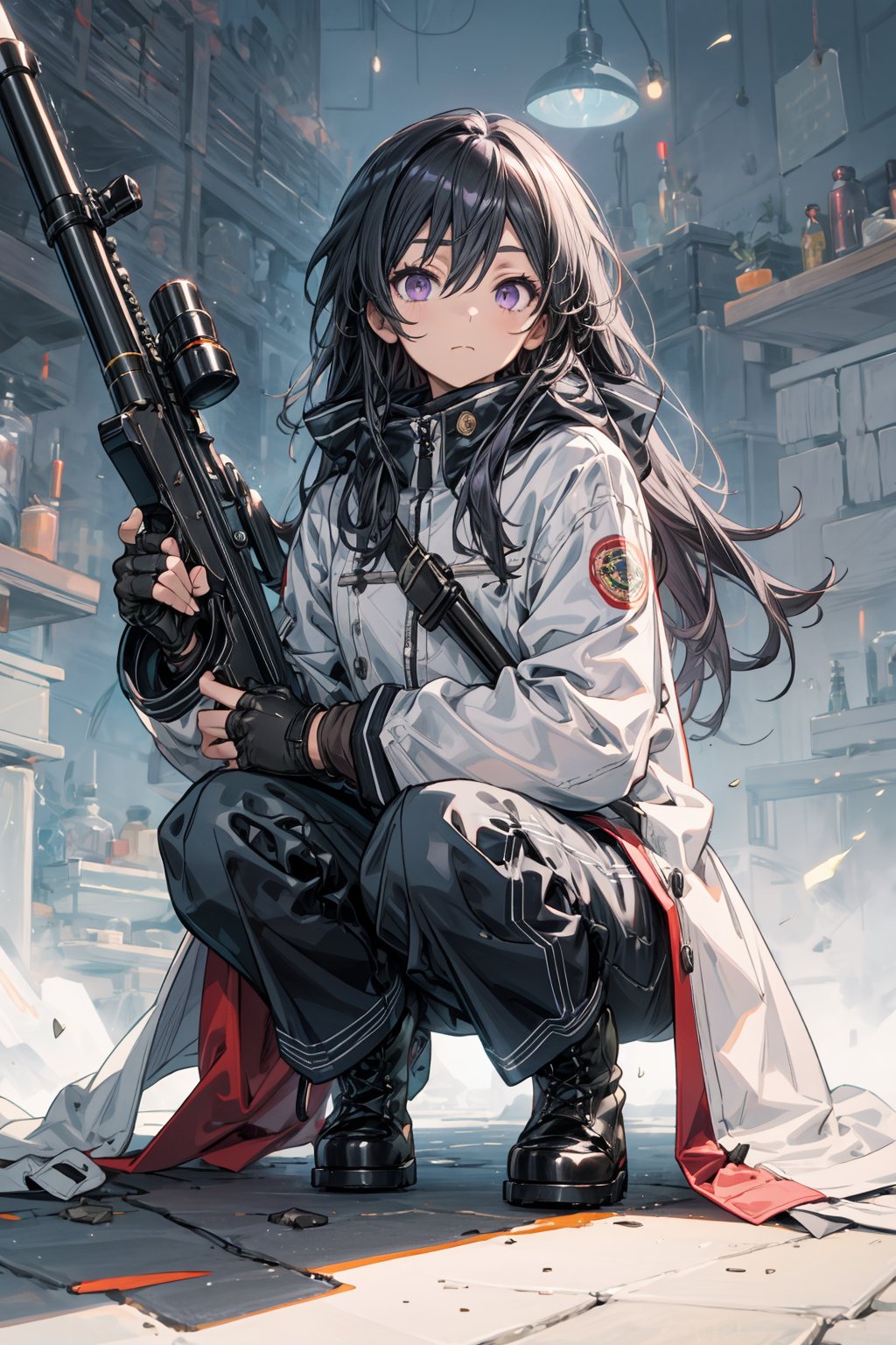 1girl, solo, long hair, looking at viewer, bangs, gloves, long sleeves, holding, hair between eyes, closed mouth, purple eyes, jacket, full body, weapon, white hair, boots, black gloves, pants, fingerless gloves, holding weapon, gun, white jacket, holding gun, rifle, white pants, one knee, sniper rifle, aiming, scope