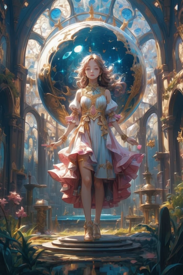 Title: "Divine Harmony: A Priestess and the Enchanted Ecosystem"
In this award-winning photo masterpiece, a solo girl stands in a dynamic action pose, surrounded by an ultra-detailed and vibrant environment. The HDR, UHD, and 16K resolution capture every mesmerizing detail, creating a stunningly realistic and immersive experience.
The girl, a delicate and cute teenager with iridescent brown hair, possesses big dream-like eyes, perfectly crafted fingers, and a flawless face with a shy blush. Her eyes, vibrant and full of life, draw viewers into her captivating gaze. The lens flare adds a touch of magic to the photo, enhancing the dreamy atmosphere.
The lighting and shadows are perfectly balanced, creating a stunning play of light that accentuates the girl's beautiful and shiny skin. Her slightly smiling expression radiates warmth and charm, making her presence all the more captivating.
In this extra-wide shot, a giant glass sphere containing a small ecosystem takes center stage. Surrounding the sphere are various measurement devices, highlighting the scale of the factory where it is installed. The attention to detail is extraordinary, with intricate illustrations and delicate linework adorning the sphere's surface. Whimsical patterns and enchanting scenes within the sphere tell a captivating story of nature's harmony.
Standing next to the sphere is the girl, dressed in ceremonial robes, a girl Priestess with divine magic at her command. She holds sacred texts and carries out blessing rituals, using her healing spells to bring harmony to the ecosystem within the sphere. The atmosphere is further enhanced by the presence of incense, adding a touch of mysticism to the scene.
Against a backdrop of a church and stained glass windows, the interior is intentionally messy, representing the creative chaos of the girl's divine work. A book lies open, revealing elemental features and secrets waiting to be discovered.
The entire composition is illustrated in a pink gold style, enhancing the visual appeal with its vivid colors and stunning light. The level of detail is truly insane, with the scene bursting with life and intricate elements.
"Divine Harmony: A Priestess and the Enchanted Ecosystem by kyo8sai 2024-06-11.  " is a breathtaking fusion of art and storytelling. Through its high-quality and realistic illustrations, it invites viewers into a world where magic and nature intertwine, captivating their imagination and leaving them in awe.Geometry,zentangle,1girl,Ruffled dress with bows,