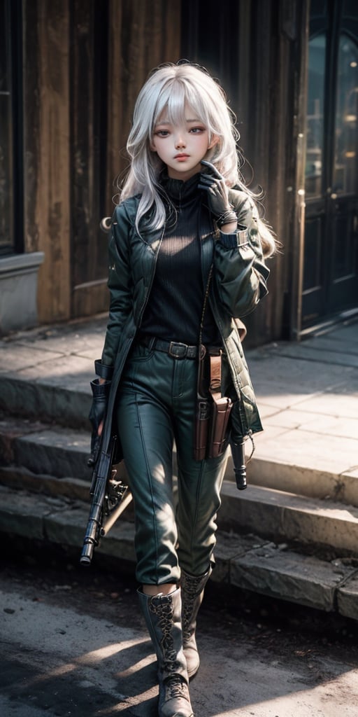 1girl, solo, long hair, looking at viewer, bangs, gloves, long sleeves, holding, hair between eyes, closed mouth, purple eyes, jacket, full body, weapon, white hair, boots, black gloves, pants, fingerless gloves, holding weapon, gun, white jacket, holding gun, rifle, white pants, one knee, sniper rifle, aiming, scope