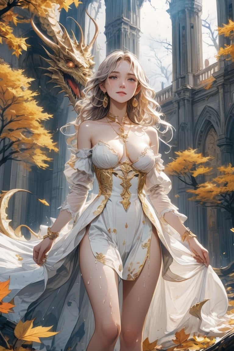 white dragon,dragonoid girl,(masterpiece, best quality, highres, anime style:1.5), (natural skin texture, sharp:1.2),chest raised, ((in the holy cathedral)),trees with golden leaves in the background,a group of dragons flying behind her, wearing shabby sexy clothes. （ruined church） ///brown eyes, glowing eyes, blond hair, long hair, hair between eyes, hair ornament, thigh strap, saggy breast, deep neckline, dress, bare_shoulders,white_dress,(wet clothes), earrings, fine gold necklaces, fine gold anklet, bare shoulders, bare belly, bare legs, deep of field, rain drop, neon, seductive smile, looking at viewer, light refraction, cinematic shot, frozen skin, masterpiece, best quality, detailmaster2, 8k, 8k UHD, ultra detailed, ultra-high resolution, ultra-high definition, highres,