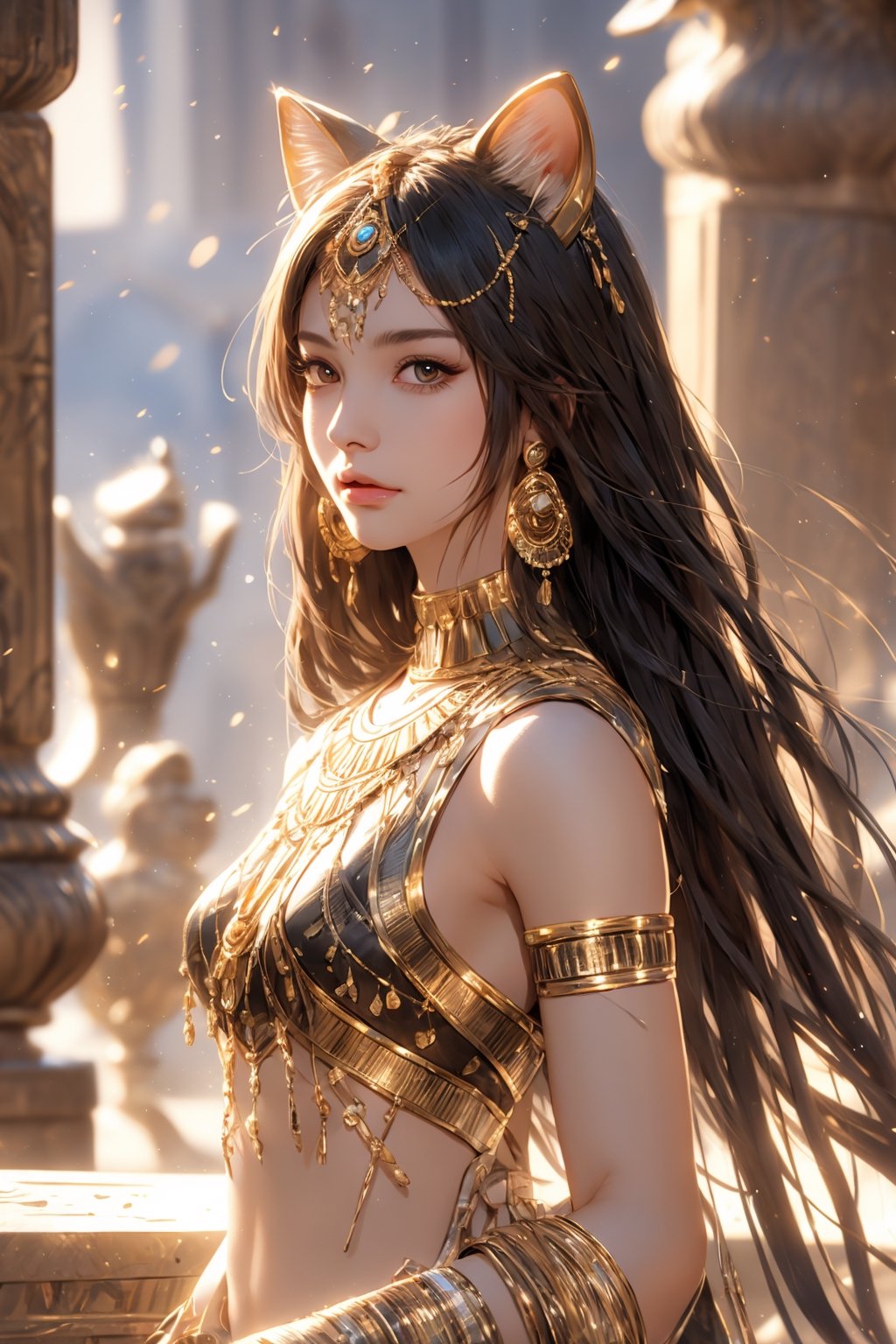 Ultra quality,Extreme realistic, high res definition, ultra photorealistic ultra detailed, RAW picture,
Beautiful ancient Egyptian lady, wearing  sleeveless tunic worn, beautiful female figure,Long straight hair, ,ancient egyptian clothes,1 girl, (face portrait), Style: hyper-realistic, 8k Ultra HD, inspired by Pixar, Cinema 4D,Egypt,young girl,egyptian, black cat ear,CAT WITCH,full body shot, stand on rock