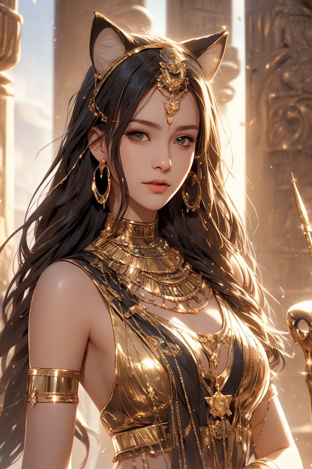 Ultra quality,Extreme realistic, high res definition, ultra photorealistic ultra detailed, RAW picture,
Beautiful ancient Egyptian lady, wearing  sleeveless tunic worn, beautiful female figure,Long straight hair, ,ancient egyptian clothes,1 girl, (face portrait), Style: hyper-realistic, 8k Ultra HD, inspired by Pixar, Cinema 4D,Egypt,young girl,egyptian, black cat ear,CAT WITCH,full body shot, stand on rock, holding a spear