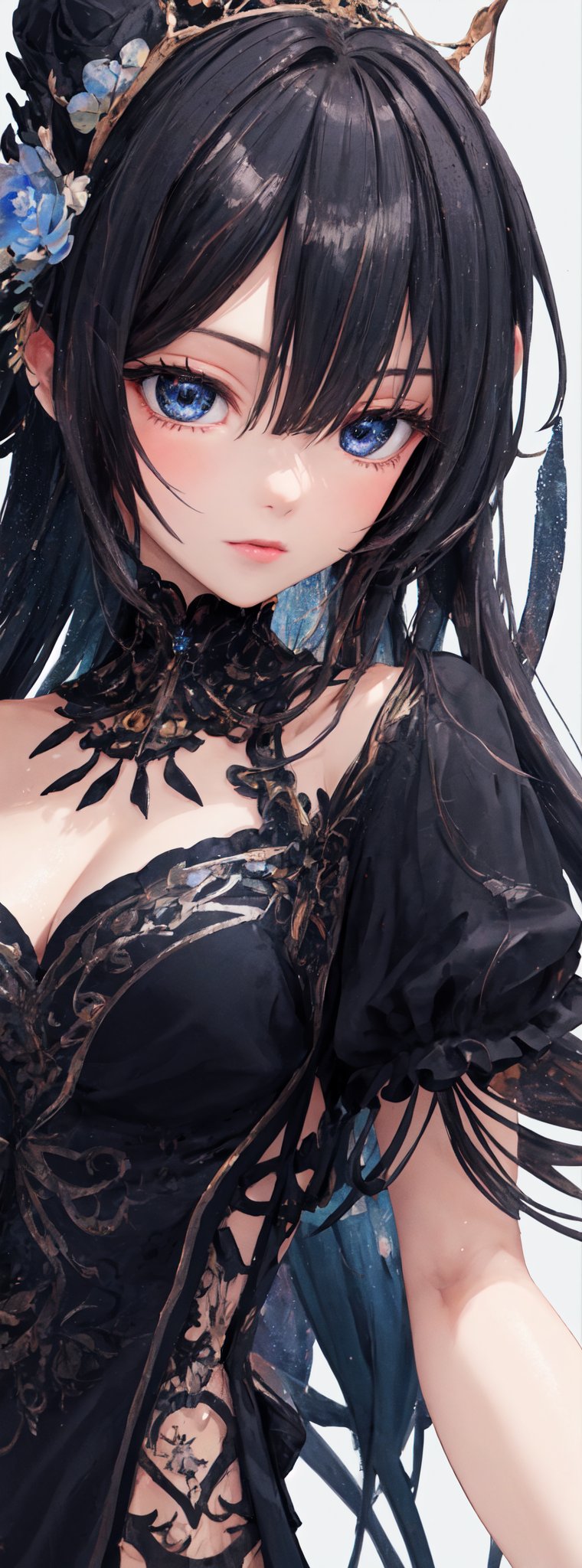 A very beautiful anime girl dressing a elegant dress, her dress is made by ink, looking at viewer, radiant gaze, (front view), upper body, close up, ink brushstrokes in background mastepiece quality, stunning image, colorful, Ink art style.