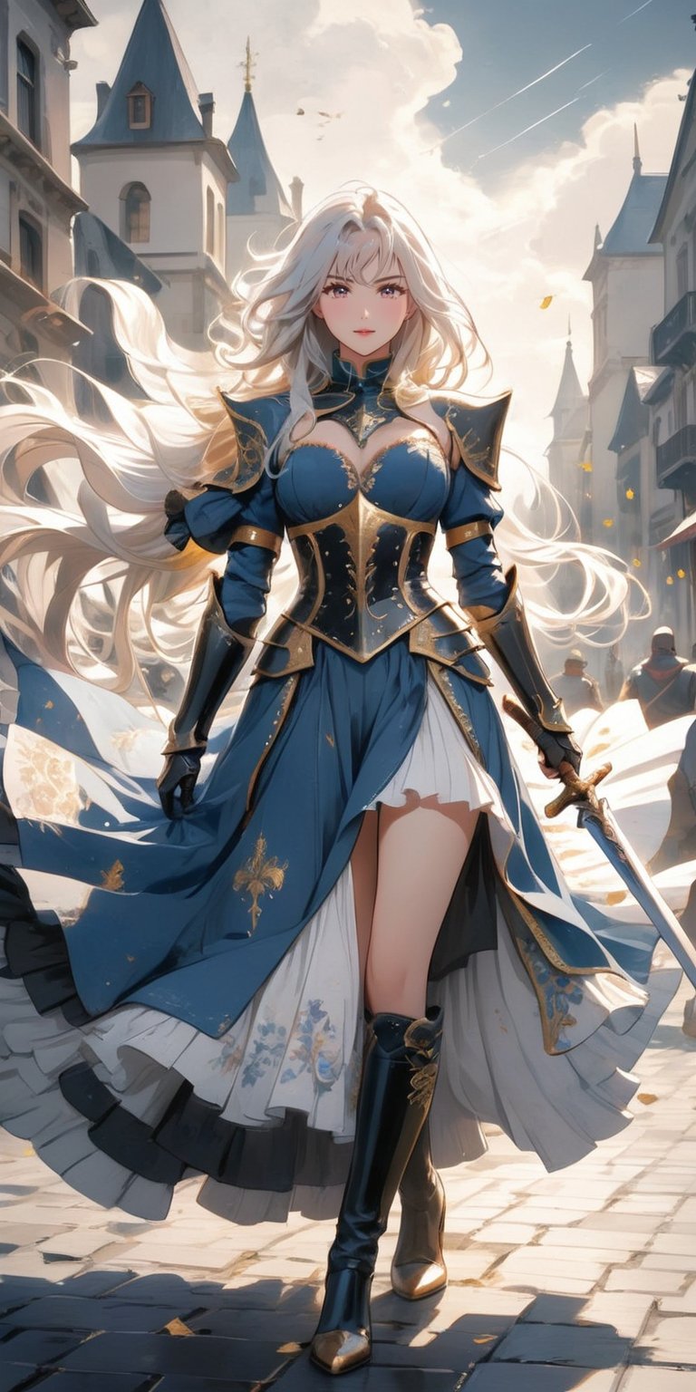 (Masterpiece, top quality, best quality, official art, beauty & aesthetics: 1.2), hdr, Girl knight, standing alone in the square, long hair, white hair, brown eyes, armor, skirt, long boots, blue clothes with gold patterns, strong wind blowing, excellent quality, masterpiece, black and white tones, knight,anime,anime black line,Anime ,warrior, holding sword , looking_at_viewer