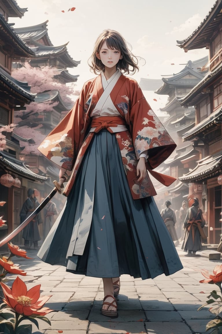 female_solo, slender hot body proportion, looking at viewer, beautiful japanese girl, highly detailed beautiful face and eyes, 1 female samurai ,holding a sword, battoujutsu, (wearing highly detailed haori+hakama skirt, floral ornaments), full-body shot, depth_of_field, background of a medieval japanese city,