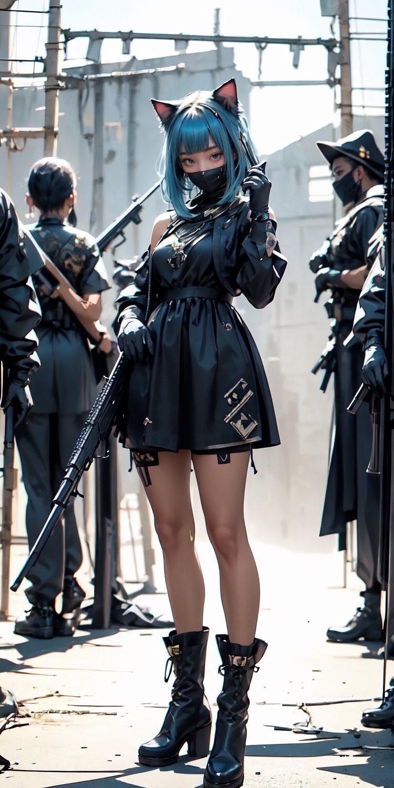 1girl, looking at viewer, short hair, blue eyes, gloves, dress, holding, blue hair, standing, full body, weapon, boots, solo focus, black gloves, black footwear, holding weapon, armor, blurry, gun, military, holding gun, rifle, assault rifle,CAT WITCH,egypt,cool