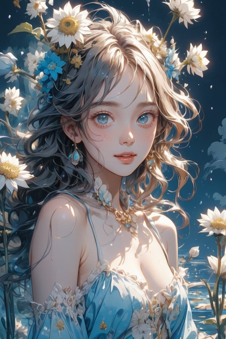 1girl, most beautiful korean girl, Korean beauty model, stunningly beautiful girl, gorgeous girl, 20yo, over sized eyes, big eyes, smiling, looking at viewer, ((Cowboy Shot: 1.5)), very beautiful, correct anatomy, long transparent white/blue hair, blue eyes, liquid, wet, water, open ribs, bones, ((white flowers grow inside her body))), skeleton flowers, blue color pallete aesthetic lighting, lot of details, narue ,1 girl