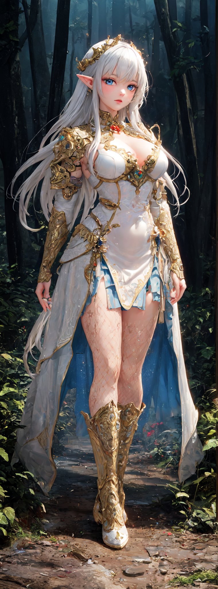  female,elf, queen, white hair, blue eyes, embraced, sexy,white clothes, delicate gold filigree, The white tiger is hearby her,intricate detailed, glowing, jin kagetsu, and wlop, highly detailed, intricate filigree, chrome face symmetry, masterpiece, award - winning, sharp focus, concept art, high key, ambient lighting, 8 k, octane render,full body shot, in forest,1 girl,meidef, looking_at_viewer ,YAMATO, misty, holographic, ,White Frilled Skirt,White Long Boots, mesh fishnet blouse,light painting, futuristic digital, realistic sci-fi, lights, gold filigree, silver lashes, diamond, ethereal, misty, holographic))