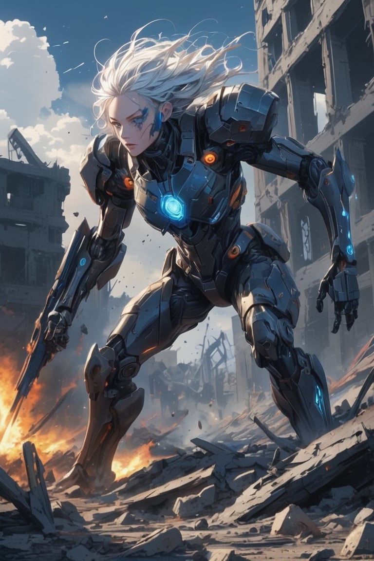 Captured in mid-stride, a lone figure emerges from the smoldering ruins: a slender young female cyborg with piercing blue eyes and striking white hair, clad in a futuristic black and red battle suit. The desolate alien battlefield stretches behind her, littered with twisted metal and shattered debris. Her gaze is fixed ahead, eyes blazing with determination as she surveys the devastation.,ghostrider