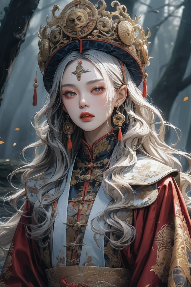 Masterpiece, 4K, ultra detailed, anime style, frightening female Jiangshi with flawless goth makeup, paper talisman on forehead and glossy lips, eyes closed, golden earring, wavy long hair, dark silk robe with very long sleeves, in a misty dark forest, depth of field, SFW, more detail XL,