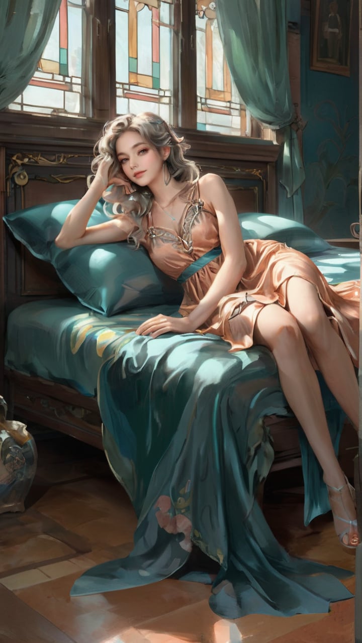 woman laying on a bed with a pillow and a cell phone, a pastel by Eva Frankfurther, reddit, art nouveau, summer dress, wearing in a summer dress, silk dress, cute sundress, cute dress, beautiful silky dress, sundress, in a dress, beautiful soft silky dress, flowing dress, soft cute colors, wearing sundress