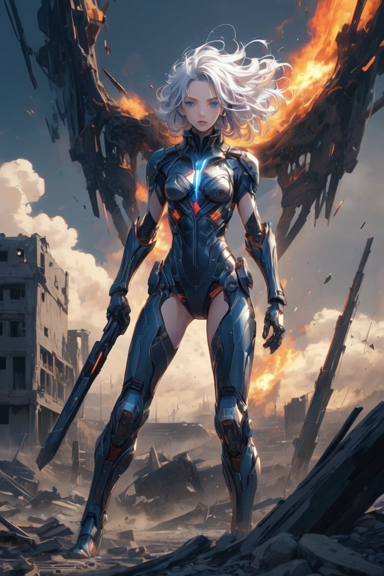 Captured in mid-stride, a lone figure emerges from the smoldering ruins: a slender young female cyborg with piercing blue eyes and striking white hair, clad in a futuristic black and red battle suit. The desolate alien battlefield stretches behind her, littered with twisted metal and shattered debris. Her gaze is fixed ahead, eyes blazing with determination as she surveys the devastation.,ghostrider