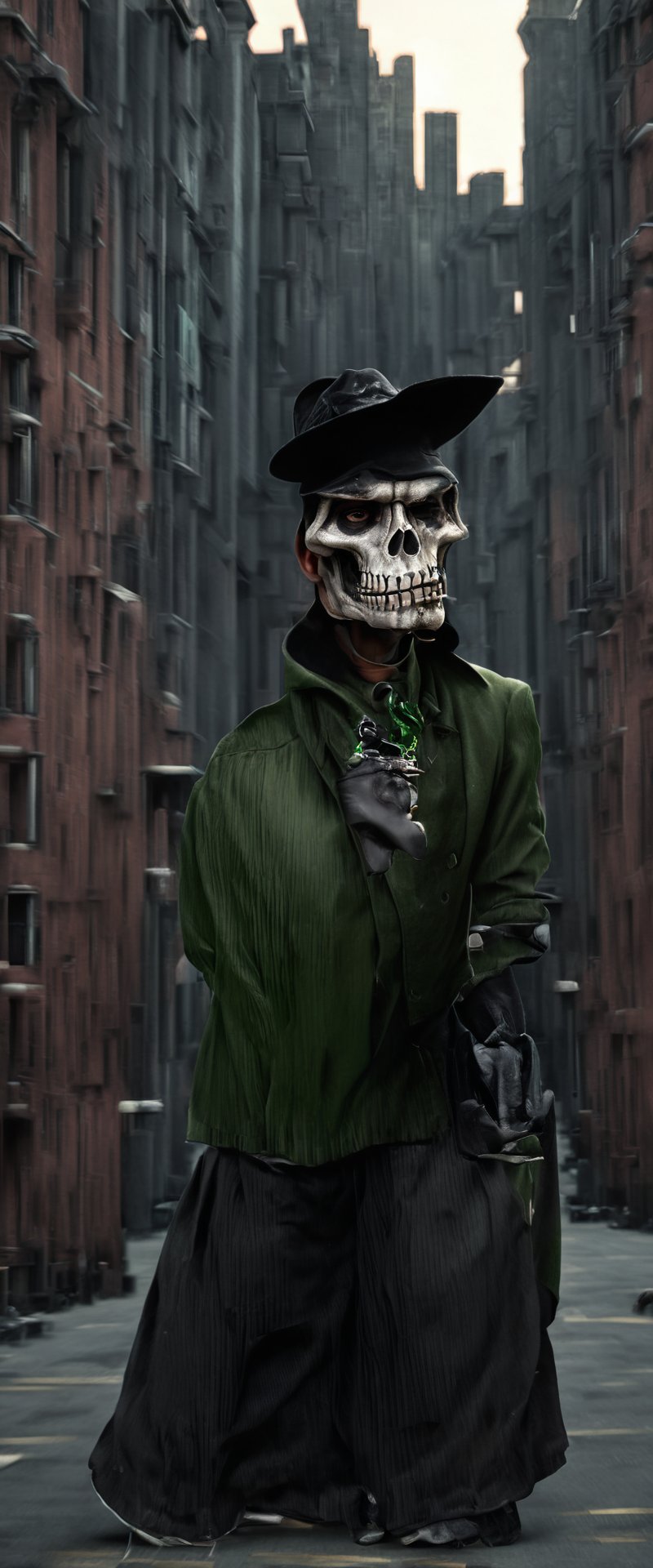 Masterpiece, Best Quality, High Resolution,Grim Reaper as a pimp form 1970’s wearing a zoot suit style outfit, Black and Green outfit, Dynamic Pose,in city, simple-background, HD resolution, Insane detail, hyper realism, Dramatic lighting, Grim Reaper Inspired, holding a raven skull head Cain, wearing a black Feathery pimp hat, Ravens incorporated, Ravens within the art photo,