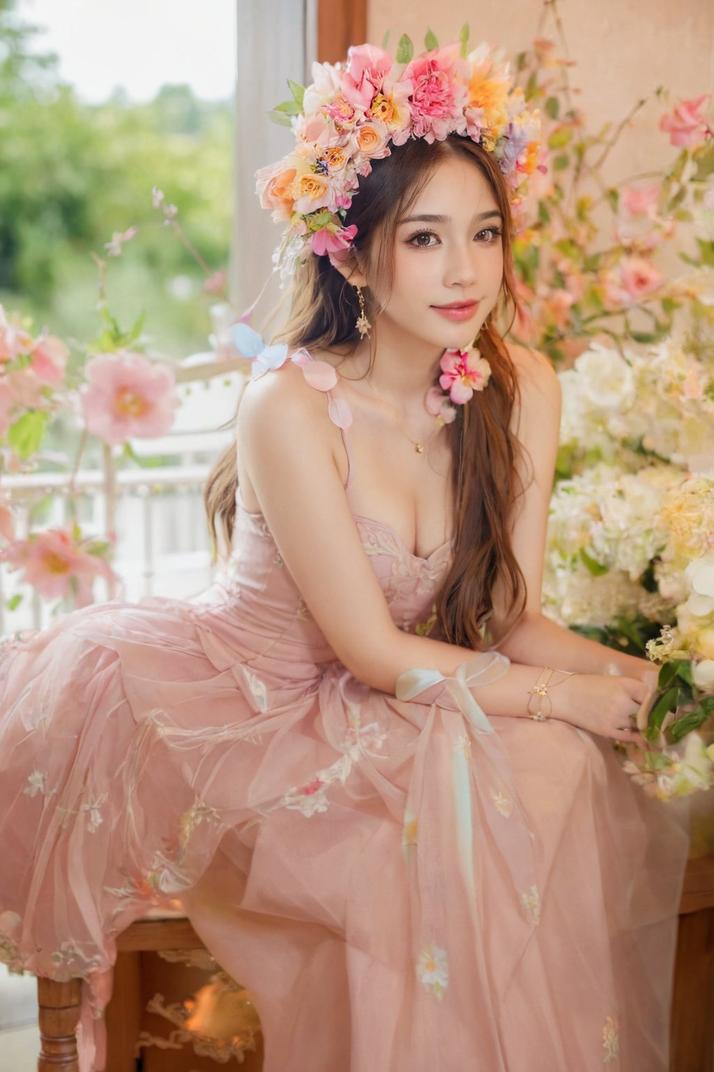 1girl, solo, long hair, looking at viewer, smile, brown hair, hair ornament, dress, bare shoulders, brown eyes, jewelry, upper body, flower, earrings, hair flower, lips, window,  dress,  lips, head wreath