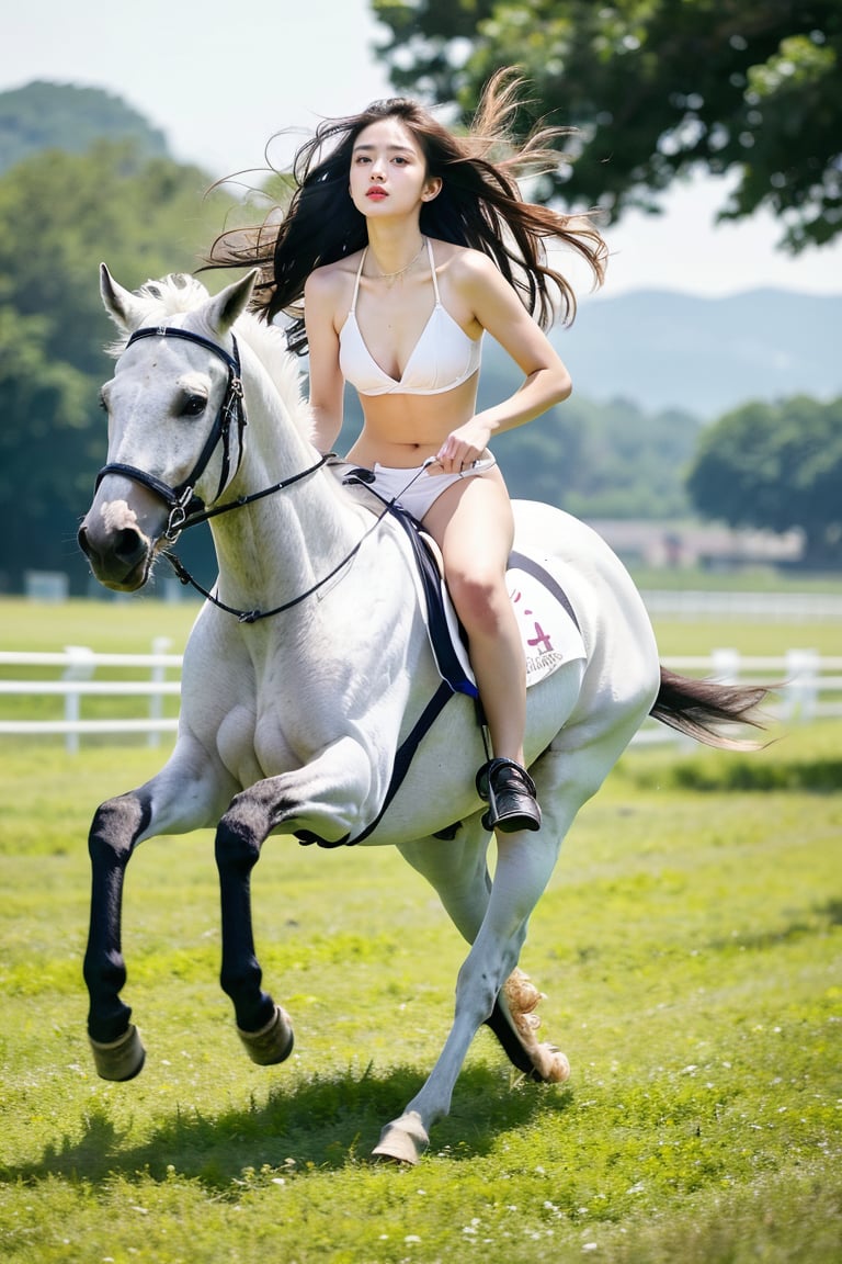 Girl galloping in a thoroughbred across the meadow、large grassland、long hair flowing with the wind、Full nudity, perfect anatomy of balance, Photorealsitic、realisitic、RAW Photography、​masterpiece、top-quality、hight resolution、Highly detailed CG Unity 8k wallpapers、high detal、film grains、 Detailed skin、natural soft light、Symetrical、extremely delicate and beautiful、slender leg、Delicate and beautiful、face perfect、beatiful detailed eyes、de pele branca、Real human skin、