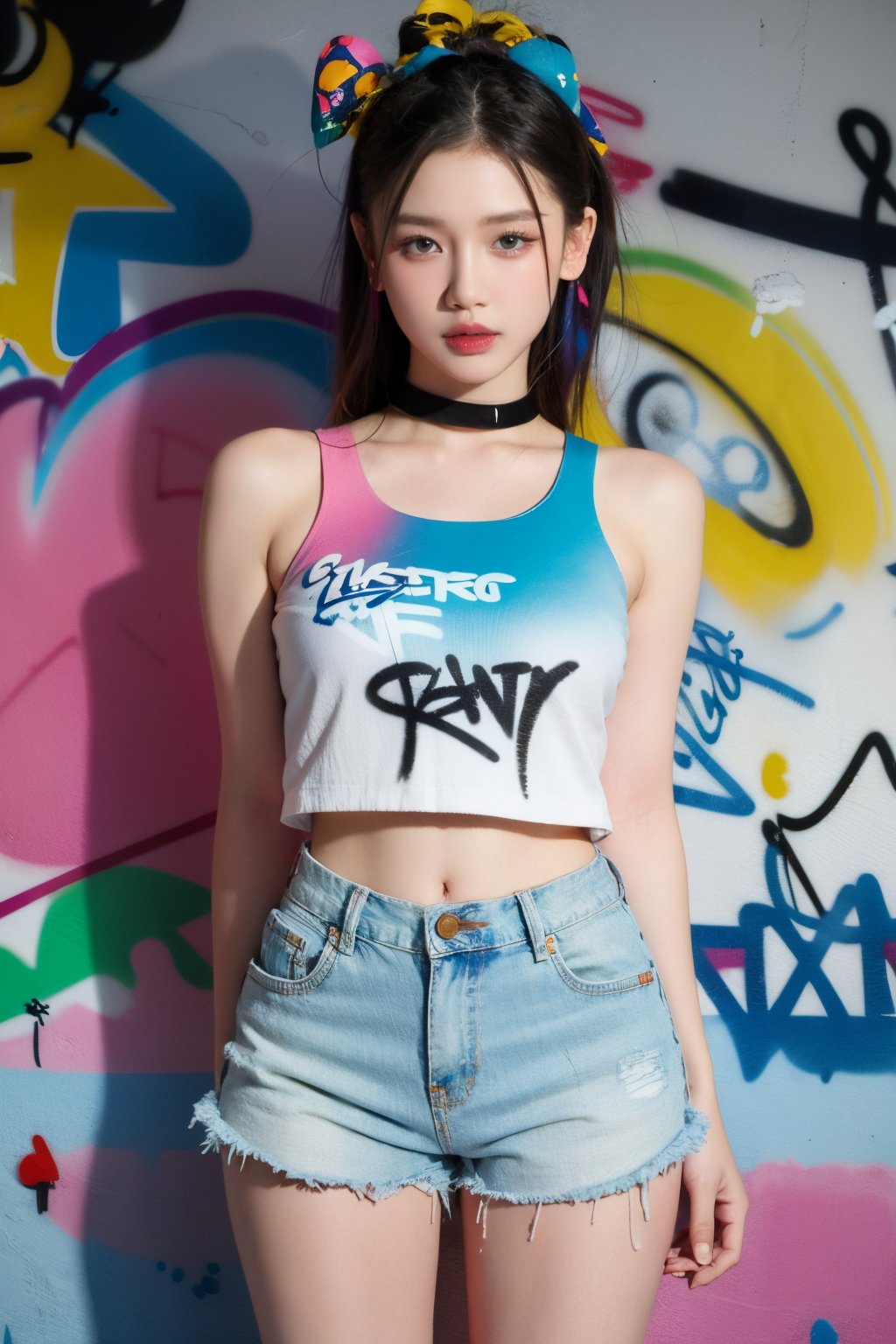 masterpiece, best quality, 1girl, solo, crop top, denim shorts, choker, (graffiti:1.5), paint splatter, arms behind back, against wall, looking at viewer, armband, thigh strap, paint on body, head tilt, bored, multicolored hair, aqua eyes, headset,