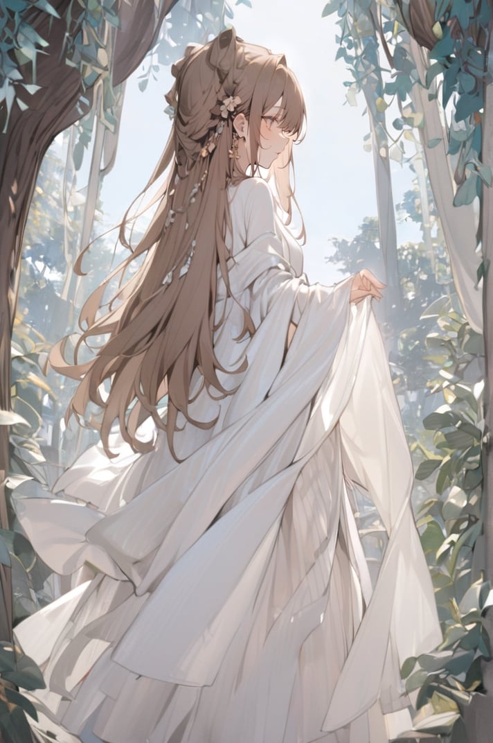 1girl, solo, long hair, brown hair, dress, standing, from behind, white dress, tree, profile, plant, skirt hold