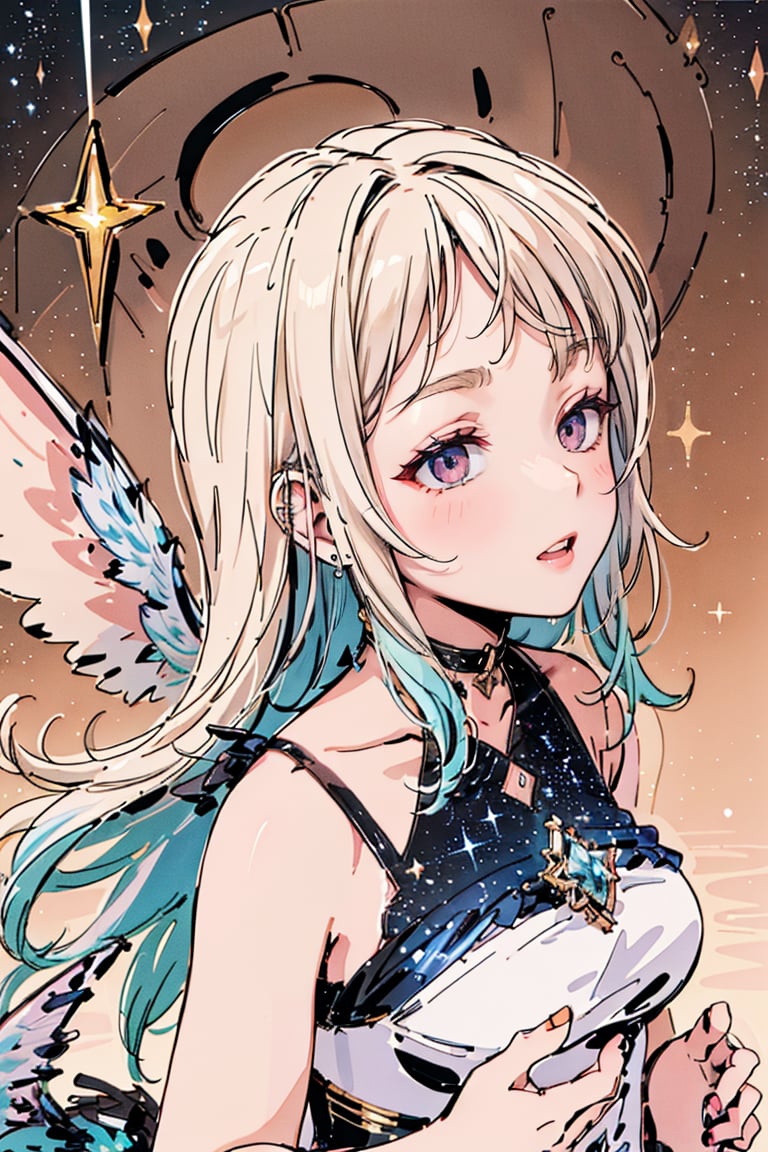 (masterpiece, best quality, CGI, official art:1.2), (stunning celestial being:1.3), (iridescent wings:1.4), shimmering silver hair, piercing sapphire eyes, gentle smile, (luminous aura:1.2), soft focus, whimsical atmosphere, serene emotion, dreamy tone, vibrant intensity, inspired by Hayao Miyazaki's style, ethereal aesthetic, pastel colors with (soft pink accents:1.1), warm mood, soft golden lighting, diagonal shot, looking up in wonder, surrounded by (delicate clouds:1.1) and (shimmering stardust:1.2), focal point on the being's face, intricate textures on wings and clothes, highly realistic fabric texture, atmospheric mist effect, high image complexity, detailed environment, subtle movement of wings, dynamic energy.