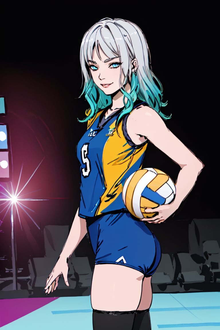 16K, HDR, masterpiece, a girl, (((colorful hair, volleyball outfit))). Half-length side view, anime style illustration with hyper-realistic details, symmetrical face, provocative eyes and soft smile. Enhanced cinematic lighting, lens flare and bokeh effects. Influenced by the art of H.R. Giger and Beksinski, presented in pastel watercolors and vivid tones.,High detailed 