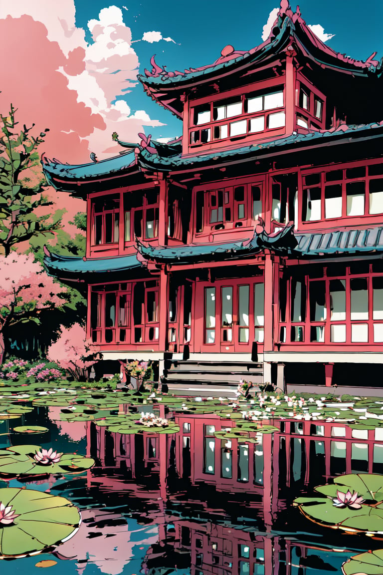 flower, outdoors, sky, day, cloud, water, cherry tree, blue sky, no humans, cloudy sky, building, scenery, reflection, pink flowers, stairs, architecture, house, east asian architecture, lily pad, lotus, pond, reflective water