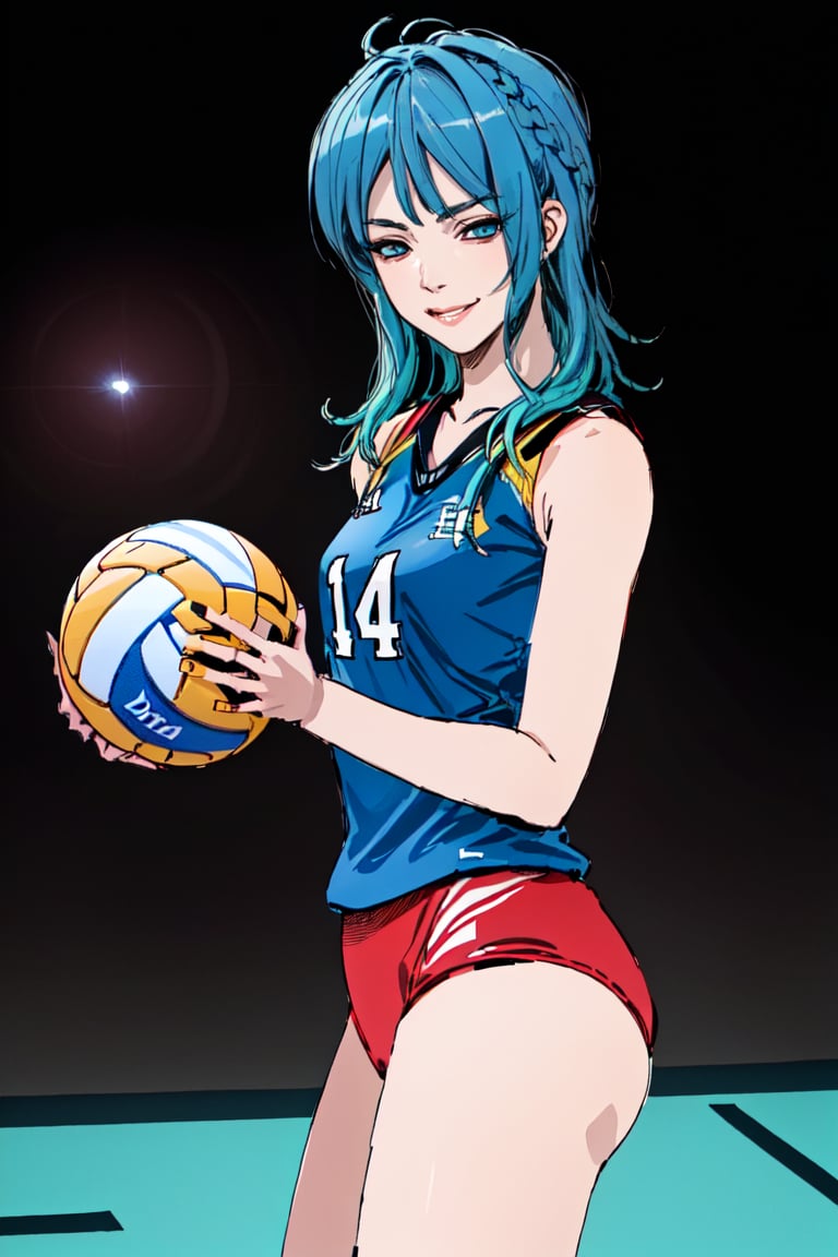 16K, HDR, masterpiece, a girl, (((colorful hair, volleyball outfit))). Half-length side view, anime style illustration with hyper-realistic details, symmetrical face, provocative eyes and soft smile. Enhanced cinematic lighting, lens flare and bokeh effects. Influenced by the art of H.R. Giger and Beksinski, presented in pastel watercolors and vivid tones.,High detailed 