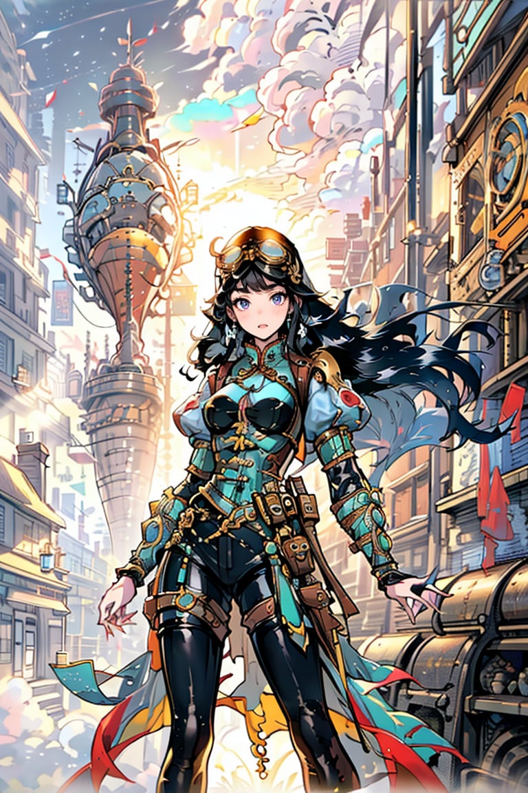A Chinese-style steampunk sci-fi scene: A intricately detailed cityscape with ornate pagodas and winding canals, set against a backdrop of swirling clouds and steam-powered zeppelins. In the foreground, a lone warrior, adorned in ancient armor and goggles, stands atop a clockwork elephant, gazing out at a fleet of airships sailing across the misty horizon.