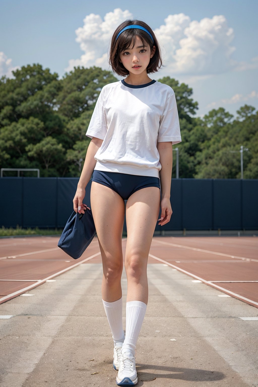 1girl,black hair,bob_cut,head band,gym uniform white shirts short sleeve,navy buruma thigh:1.3,white socks, white sneaker,standing,outdoor,track field,BURUMA