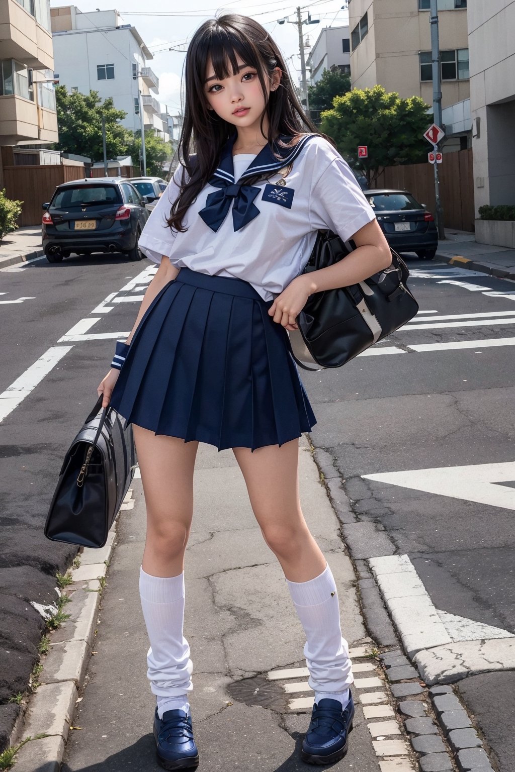 1girl,black hair,angry ,school_uniform,sailor fuku,white shirts  short sleeve, navy skirt micro mini length, white loose socks,blown lofer,sports bag,outdoor,street,socks,