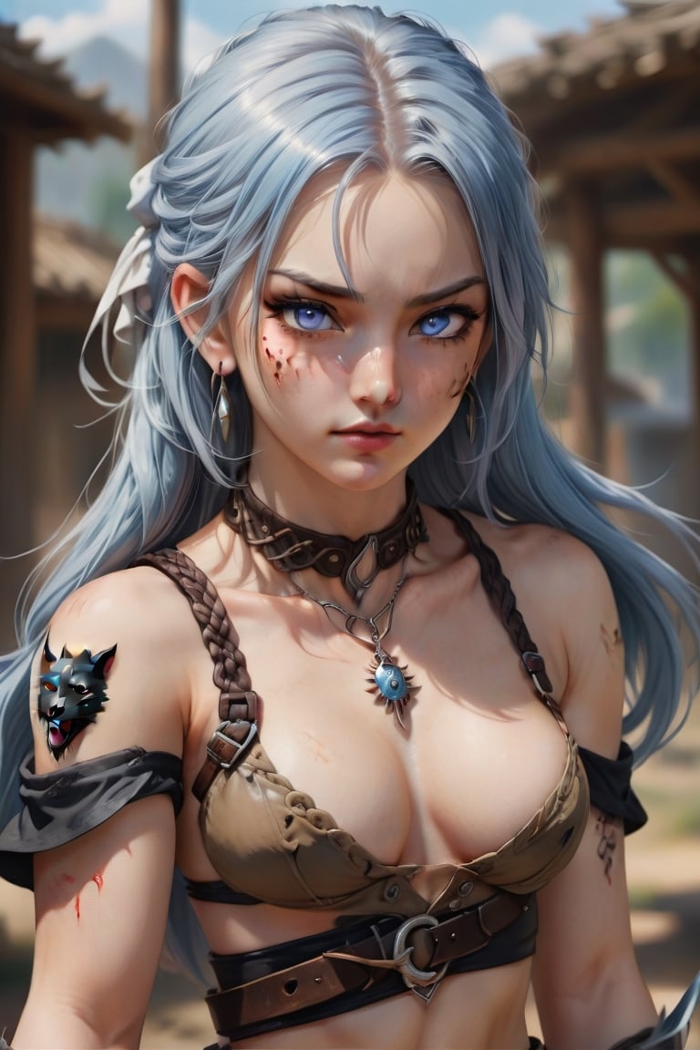 1girl, long hair, breasts, looking at viewer, blue eyes, thighhighs, navel, holding, bare shoulders, jewelry, medium breasts, closed mouth, standing, weapon, braid, white hair, cowboy shot, earrings, outdoors, day, midriff, sword, necklace, holding weapon, blurry, lips, crop top, torn clothes, single braid, tattoo, blurry background, animal, scar, holding sword, sunlight, scar on face, realistic, scar across eye, arm tattoo, wolf, tooth necklace