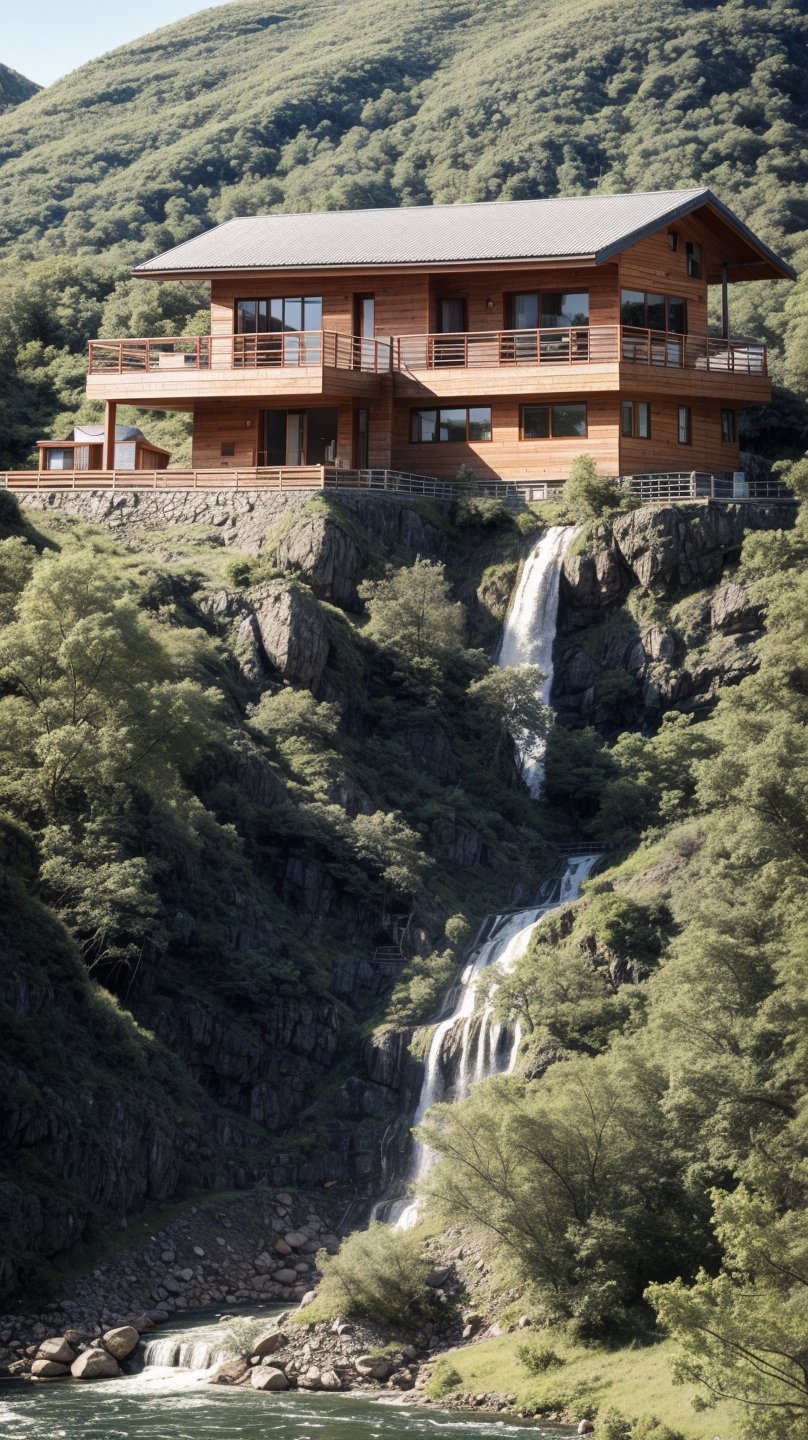 A house which is built right on the top of a mountain and there is no other house nearby, there is a waterfall or a river