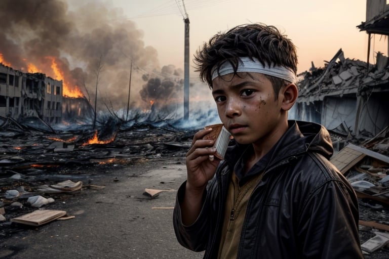 (masterpiece, top quality, best quality),(focus)small kid torn Arabic dress (bandage on head along eye),in his hand there is metal plate, looking toward sky for drop food from air,
the whole place is destroyed after air bombing.
There is an ambulance on fire near by ,
