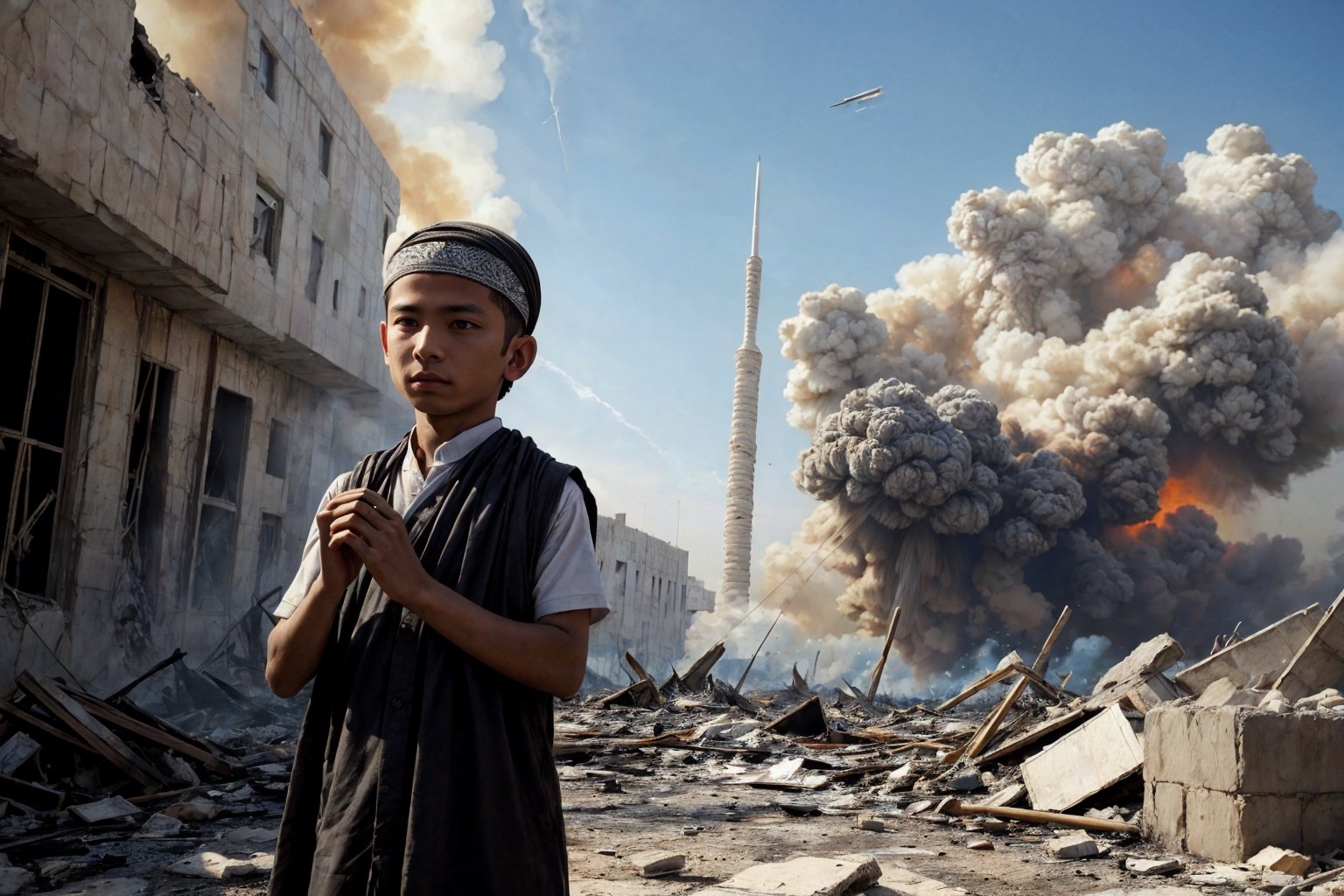 (masterpiece, top quality, best quality),(focus)small kid torn Arabic dress (bandage on head along eye),in his hand there is metal plate, looking toward sky for drop missile,
one big missile falling,near aqsa mosque,
the whole place is destroyed after air bombing.
There is an ambulance on fire near by ,
