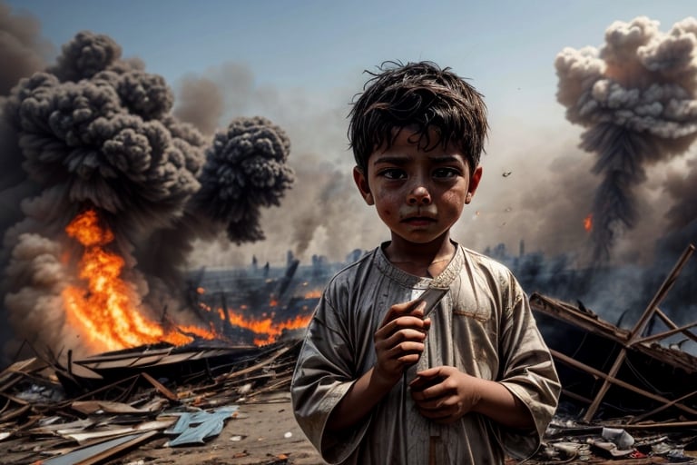 (masterpiece, top quality, best quality),(focus)small kid torn Arabic dress (bandage on head along eye),in his hand there is metal plate, looking toward sky for drop food from air,
the whole place is destroyed after air bombing.
There is an ambulance on fire near by ,
