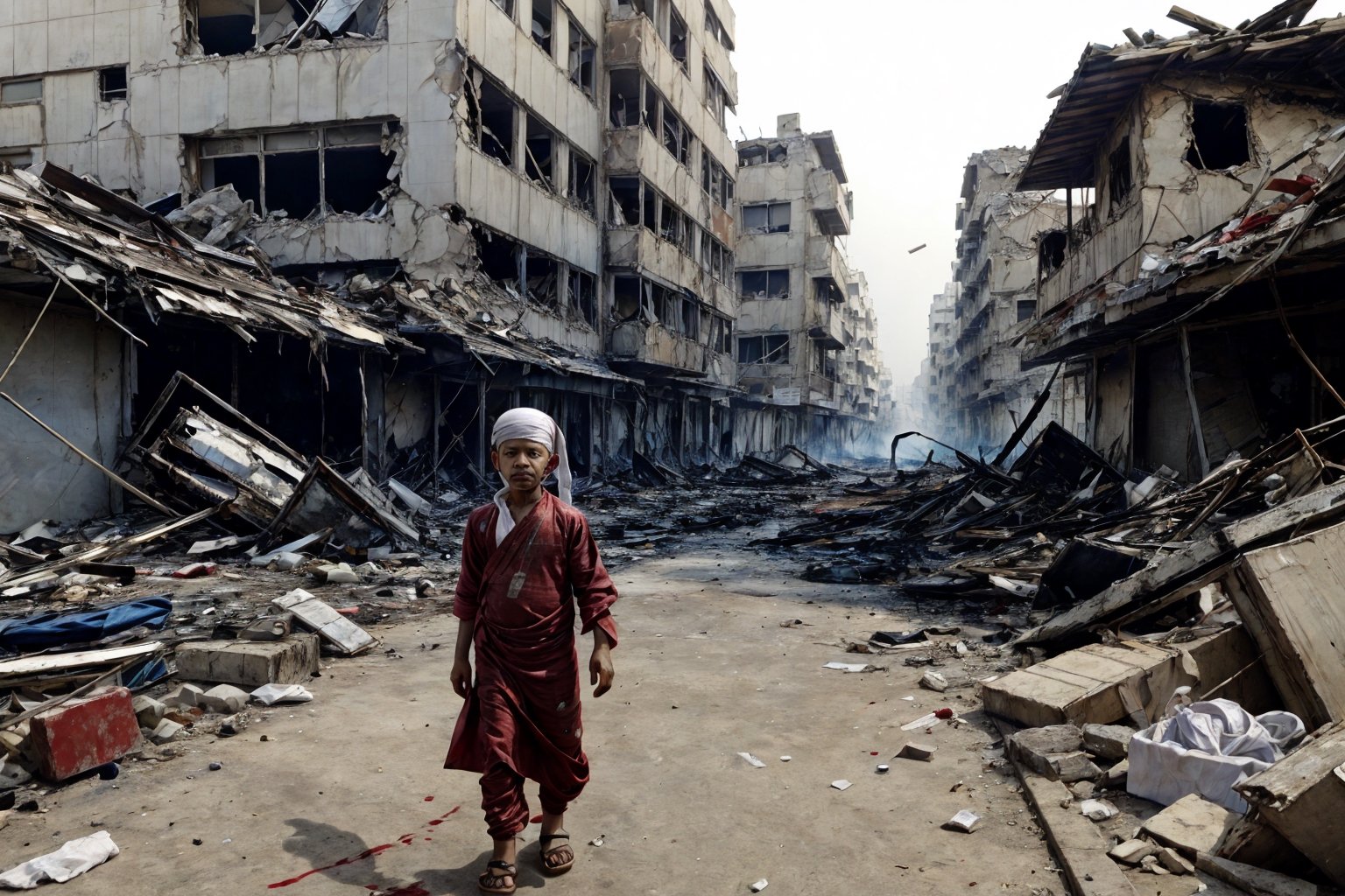 (masterpiece, top quality, best quality),(focus)small kid torn Arabic dress (blood bandage on head along eye),in his hand there is metal plate, stuck on debris badly, 
the whole place is destroyed after air bombing.
There is an ambulance on fire near by ,
,Very crowded city